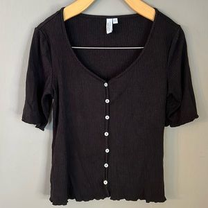 & Other Stories Ribbed Scoop Neck Short Sleeve Black Top Size S